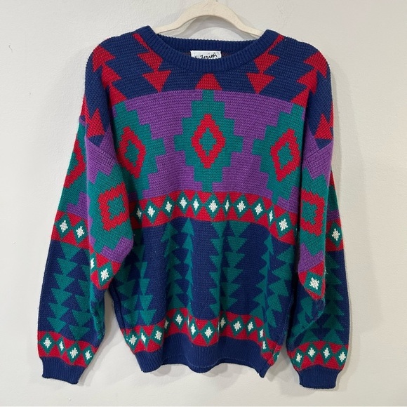 Vintage Interim Pattern Bright Multicolor Crewneck Sweater Women’s Size Large - Picture 2 of 6